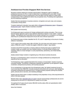 Asiabizservices Provides Singapore Work Visa Services