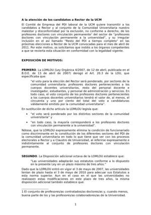 Escrito para candidatos sobre representacion de PDI permanente en elecciones a Rector