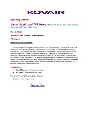 Upcoming Webianr - Visual Studio and TFS Users: Work with these Microsoft Tools and Integrate with Others You Own!