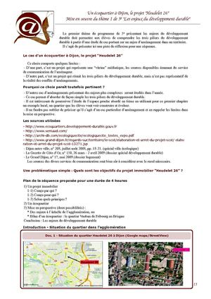 Un écoquartier à Dijon, le projet "Heudelet 26". Mise en oeuvre du thème I de 5e "Les enjeux du développement durable"