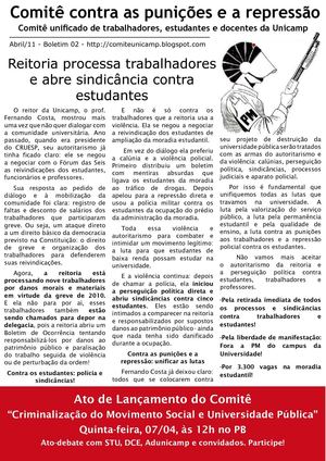 Boletim do Comitê Unificado Contra a Criminalização