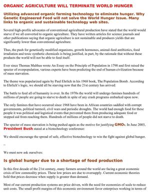 ORGANIC AGRICULTURE WILL TERMINATE WORLD HUNGER