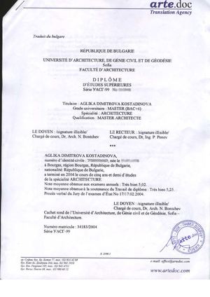 Diplome Architecte Aglika Kostadinova
