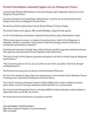 Patriarch Bartholomew adamantly Opposes the use of Dangerous Nuclear Power