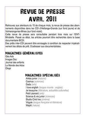 Revue de presse Avril 2011