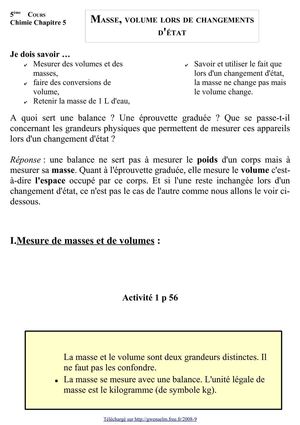 Masse, volume lors de changements d'état