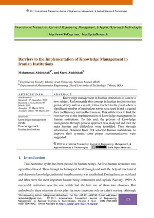 Barriers to the Implementation of Knowledge Management in Iranian Institutions