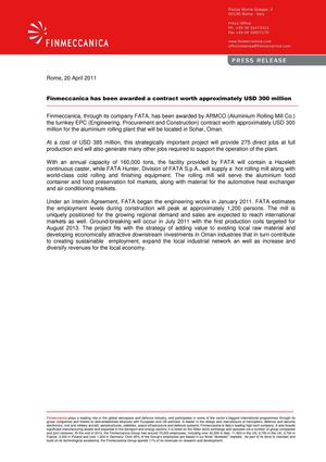 Finmeccanica has been awarded a contract worth approximately USD 300 million