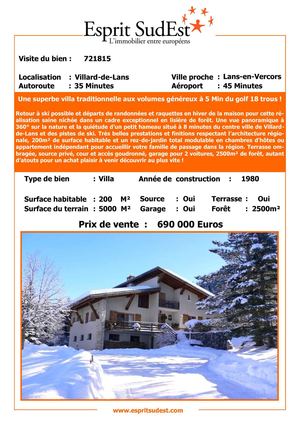 Vente maison Villard de Lans. Vente maison Grenoble. Achat Immobilier sans commission. EspritSudEst.com