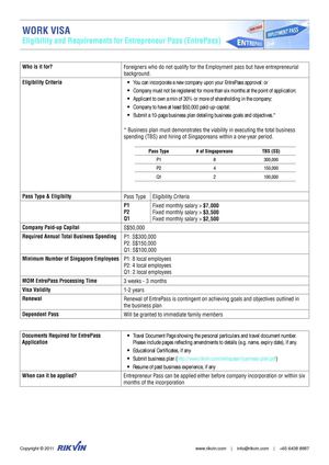 Singapore Entrepreneur Pass Work Visa Fact Sheet