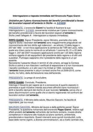 Interrogazione, dell’Onorevole Pippo Gianni, a risposta immediata per il pieno riconoscimento dei benefici previdenziali a favore dei lavoratori esposti all'amianto in Sicilia - n. 3-01628
