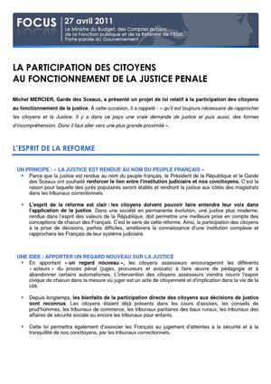 La participation des citoyens au fonctionnement de la Justice pénale 
