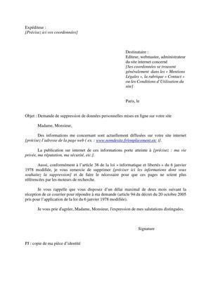 Lettre type suppression de données - CNIL