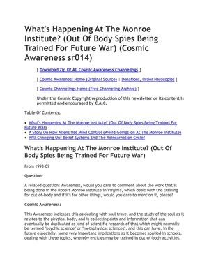 Cosmic Awareness sr014: What's Happening At The Monroe Institute? (Out Of Body Spies Being Trained For Future War)