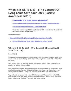 Cosmic Awareness sr015: When Is It OK To Lie? - (The Concept Of Lying Could Save Your Life)