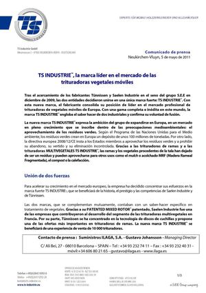 COMUNICADO DE PRENSA - TS INDUSTRIE - MAYO 2011