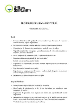 Recrutamen​to Colaborado​r para Angariação de Fundos | ONGD - Leigos para o Desenvolvi​mento