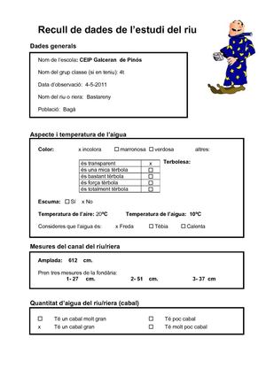 Dades de l'estudi del riu. Escola Galceran de Pinós