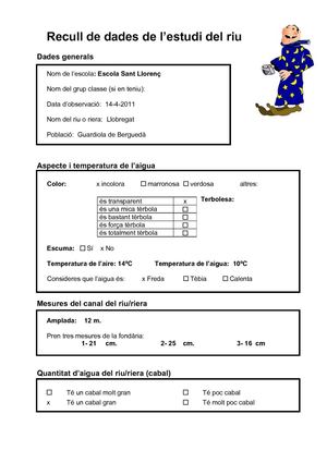 Dades de l'estudi del riu. Escola Sant Llorenç