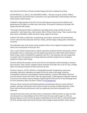 Shaw Receives Full Notice to Proceed on Duke Energy's Dan River Combined Cycle Plant