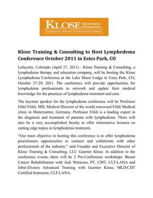 Klose Training & Consulting to Host Lymphedema      Conference October 2011 in Estes Park, CO