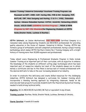 Summer Training For B.tech and MCA Students