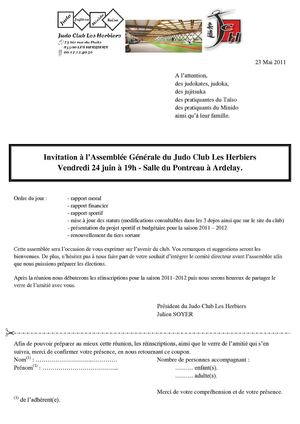Invitation Assemblée Générale 2011 Judo Club Les Herbiers