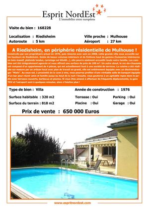ACHETER UNE MAISON, EN ALSACE, A MULHOUSE, a RIEDISHEIM, DIRECTEMENT DE PARTICULIER A PARTICULIER SANS FRAIS D'AGENCE NI COMMISSION A LA VENTE AVEC ESPRIT NORDEST.COM, Ref 168228