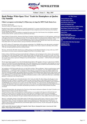 “Bush Pledges Wide-Open ‘Free’ Trade for Hemisphere at Quebec City Summit,” AAM Newsletter, Volume 7, Issue 2, May 2001