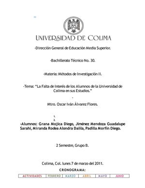 trabajo de metodos de investigación (La Falta de Interés de los Alumnos de la Universidad de Colima en sus Estudios.)