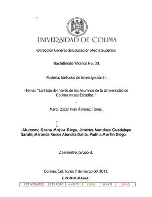 trabajo de metodos de investigacion (La Falta de Interés de los Alumnos de la Universidad de Colima en sus Estudios.)