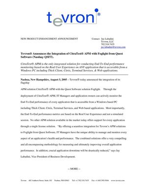 Tevron Announces the Integration of CitraTest APM with Foglight from Quest Software