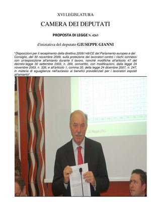 PROPOSTA DI LEGGE “Disposizioni per il recepimento della direttiva 2009/148/CE sulla protezione dei lavoratori con un'esposizione all'amianto durante il lavoro,in materia di eguaglianza nell'accesso ai benefìci previdenziali per i lavoratori esposti all'a