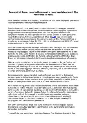 ADR, Blue Panorama: in estate nuovi collegamenti e servizi su Roma