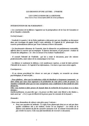 La lettre et les conclusions de la défense. Maître Philippe Dehapiot.