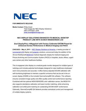 NEC DISPLAY SOLUTIONS ENHANCES ITS MEDICAL DESKTOP PRODUCT LINE WITH 30-INCH WIDESCREEN LCD