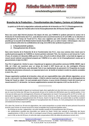 2010-09-29 Prod - Transfo des PCC - fin de la n-go Am-nagement du Temps de Travail - nouvel accord national ATT