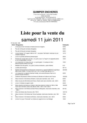 LISTE DE LA VENTE AUX ENCHERES 11 JUIN 2011 - QUIMPER ENCHERES