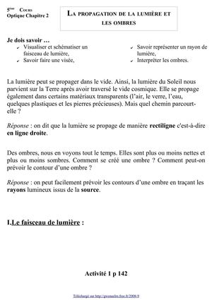 La propagation de la lumière et les ombres (Cinquième)