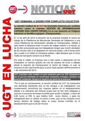 UGT DENUNCIA A EROSKI POR CONFLICTO COLECTIVO.