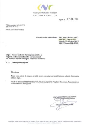 Accord collectif d'entreprise 2011 relatif à l'égalité professionnelle entre les femmes et les hommes de la Compagnie Nationale du Rhône 