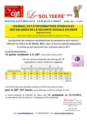 Journal CGT "le SOL'ISERE info" n°5 Avril 2011 pour les salariés de la SECU en Isère