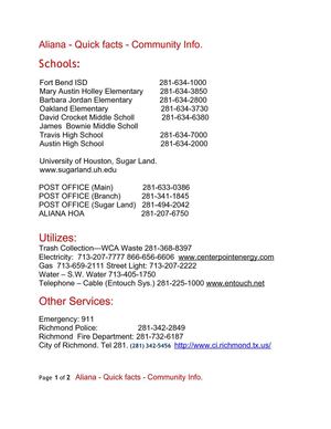 Aliana Quick facts Community Info