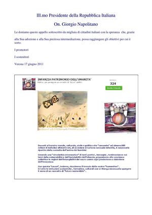  AL PRESIDENTE DELLA REPUBBLICA  ON.LE GIORGIO NAPOLITANO APPELLO INFANZIA PATRIMONIO DELL'UMANITA'