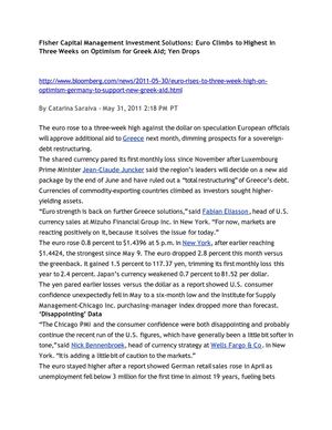 Fisher Capital Management Investment Solutions: Euro Climbs to Highest in Three Weeks on Optimism for Greek Aid; Yen Drops