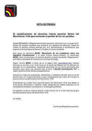 El republicanismo de derechas intenta penetrar dentro del Movimiento 15-M aprovechando el partido de los sin partidos.