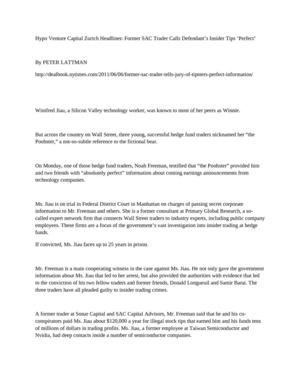 Hypo Venture Capital Zurich Headlines: Former SAC Trader Calls Defendant’s Insider Tips ‘Perfect’