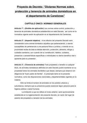 Proyecto de Decreto, sobre Protección y Tenencia de Animales Domésticos en Canelones