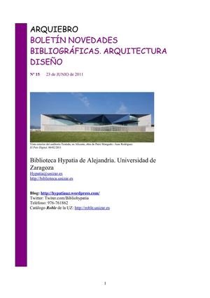 Boletín de novedades de Arquitectura y Diseño de la Biblioteca Hypatia de Alejandría UZ, nº 15