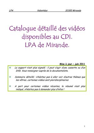 Catalogue des vidéos disponibles au CDI du LPA de Mirande (32)